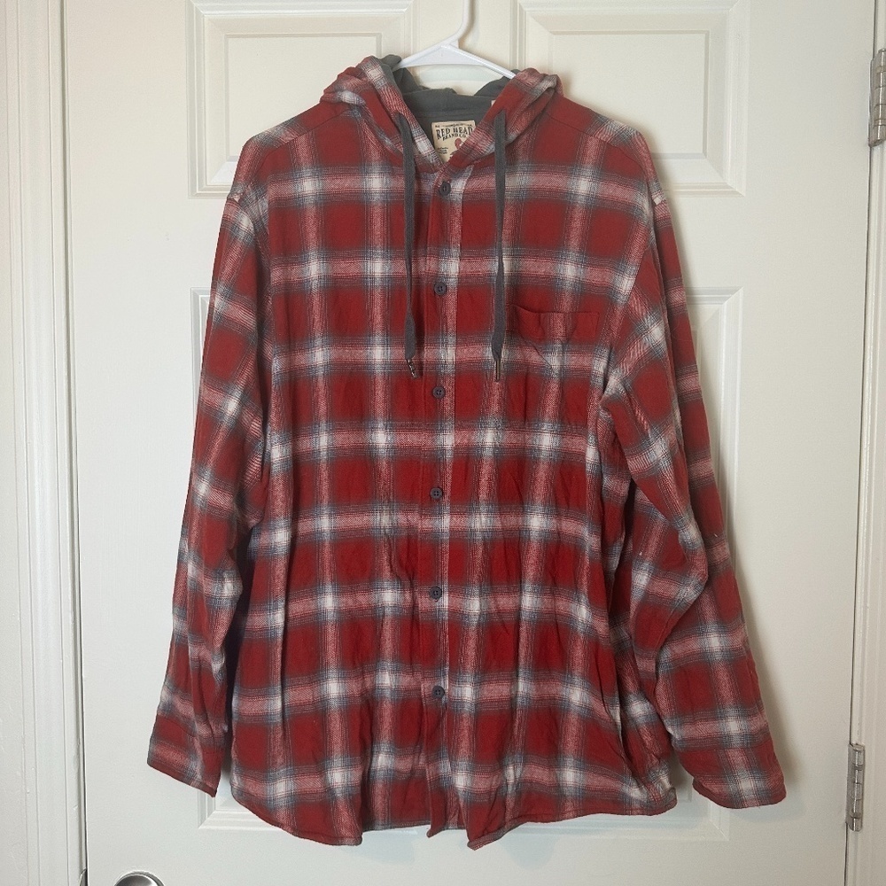 ! RedHead Red Plaid Shacket Winter Fall Lumberjack Hooded Holiday Men Size XL
